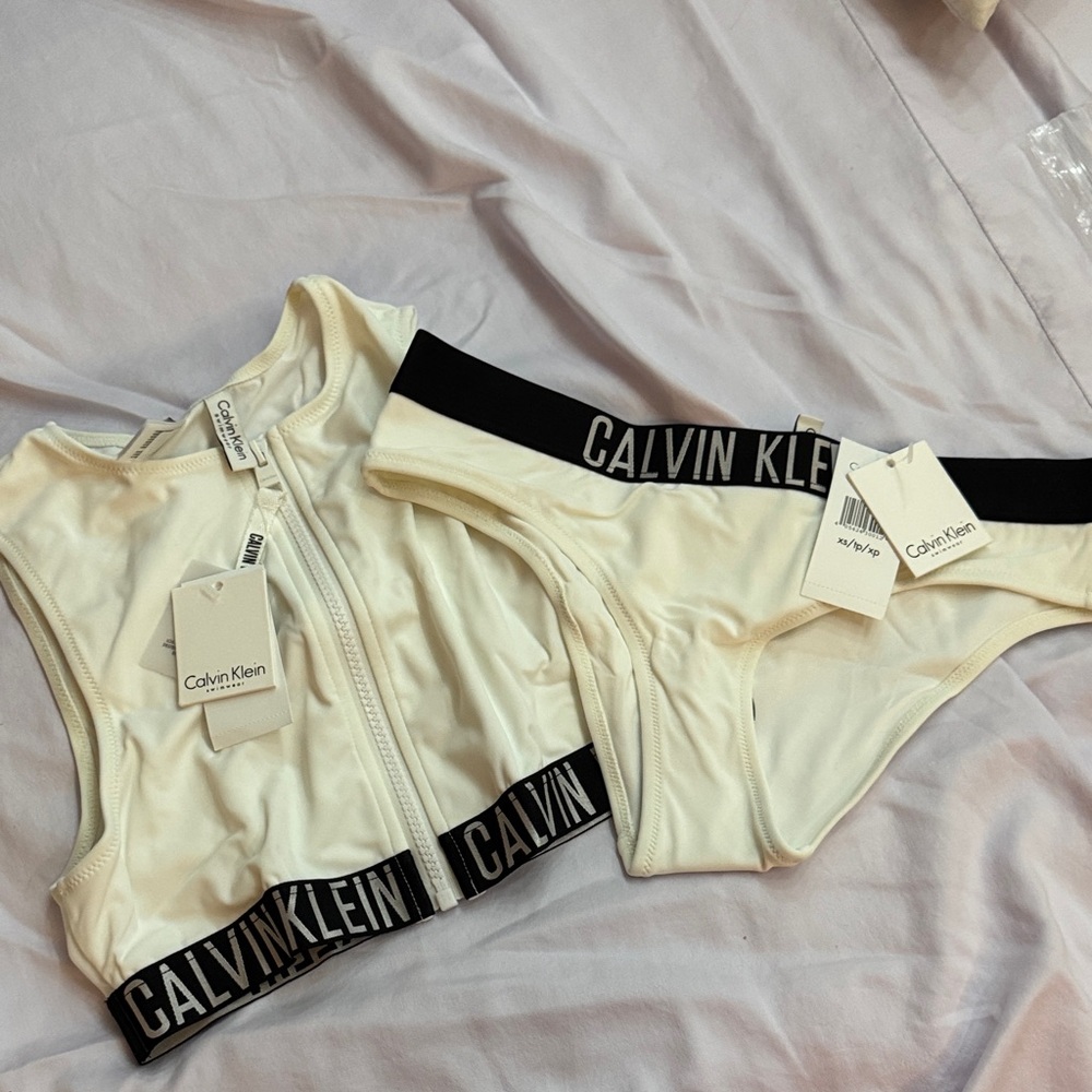Calvin Klein Cream Bralette & Bikini Set with Black Logo Trim